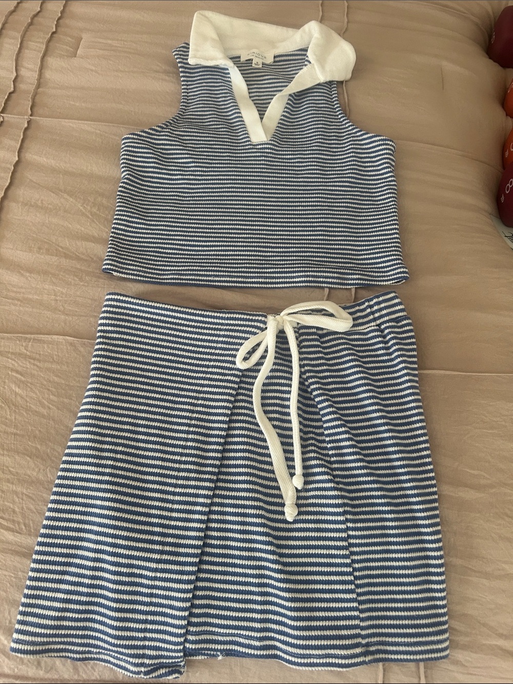 Striped Blue & White Collared Women’s Matching top/skort Set